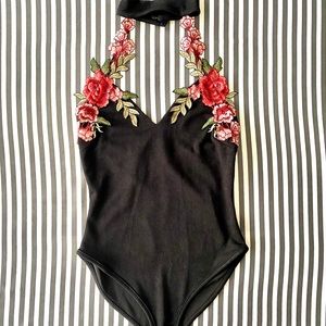 Medium Black Rose Halter FashionNova Bodysuit